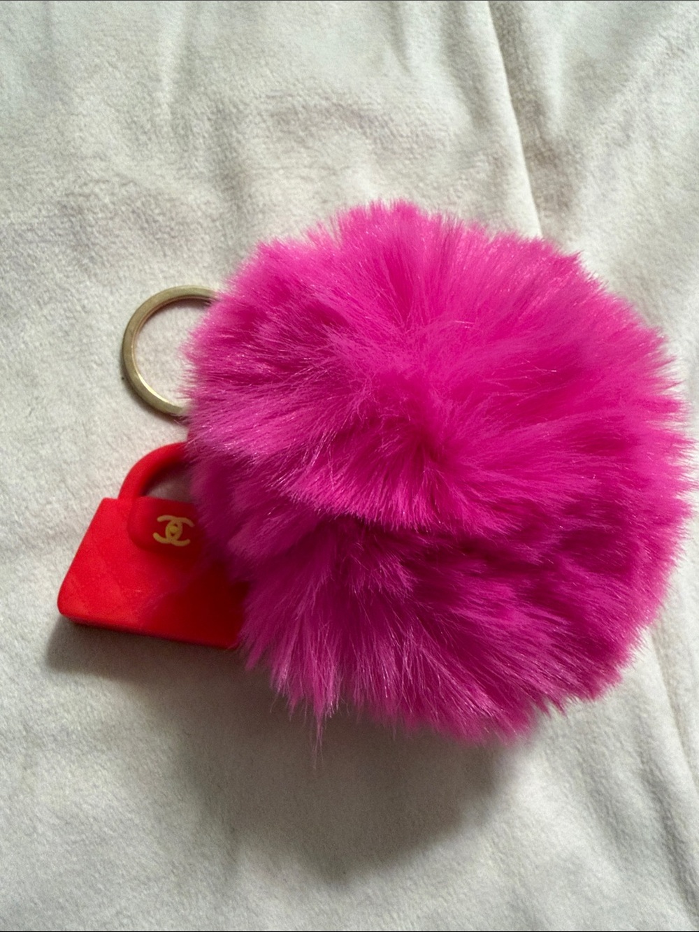 Fuchsia Fur Pom Pom Key Ring with Red Mini Bag Charm